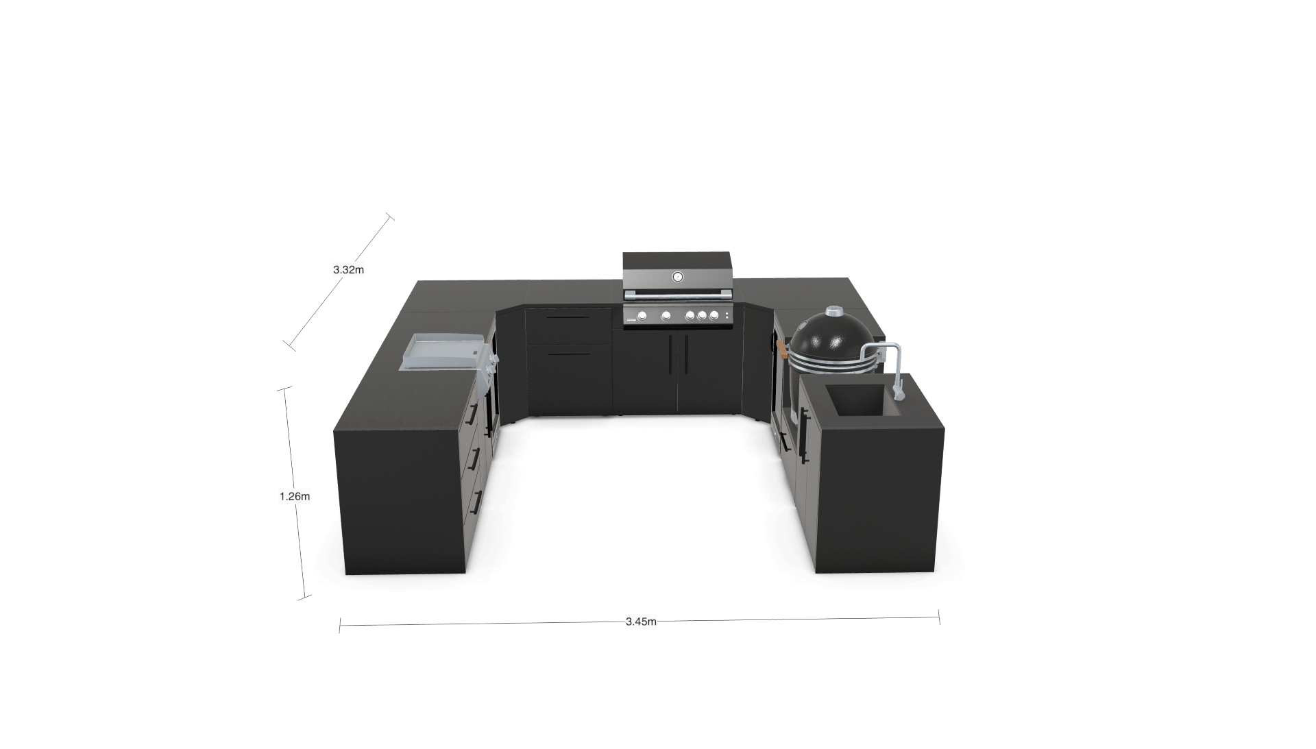 3.6x3.6m U-Shaped Outdoor Kitchen with Kamado Grill and Fusion 4-Burner Grill